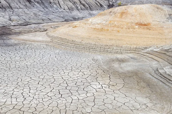 dry body of water, cracked soil at the bottom. clay banks and slopes with traces of water flows