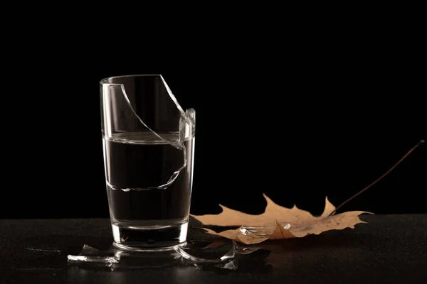 Dark Background Broken Glass Water Fragments Lie Next Glass Background — Foto Stock