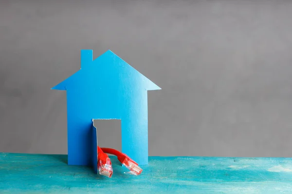 Two Internet Cables Visible Open Door Cut Out Cardboard House — Stock Photo, Image