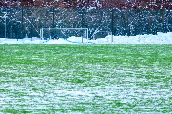 Campo Para Jugar Fútbol Invierno Césped Artificial Despejado Nieve Puerta —  Fotos de Stock