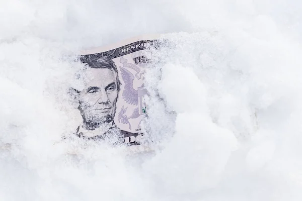 Beyaz Karla Kaplı Karın Altından Beş Dolar Görülebilir Finansal Sorunlar — Stok fotoğraf