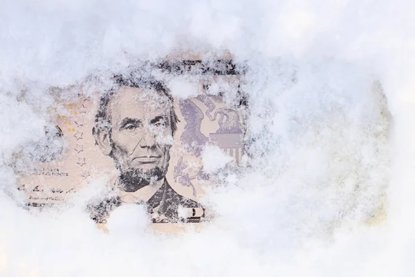 Vijf Dollar Bedekt Met Sneeuw Een Portret Van President Zien — Stockfoto