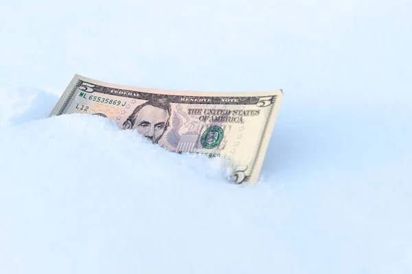 Five Dollar Bill Snow Cold Time Dollar Stock Image