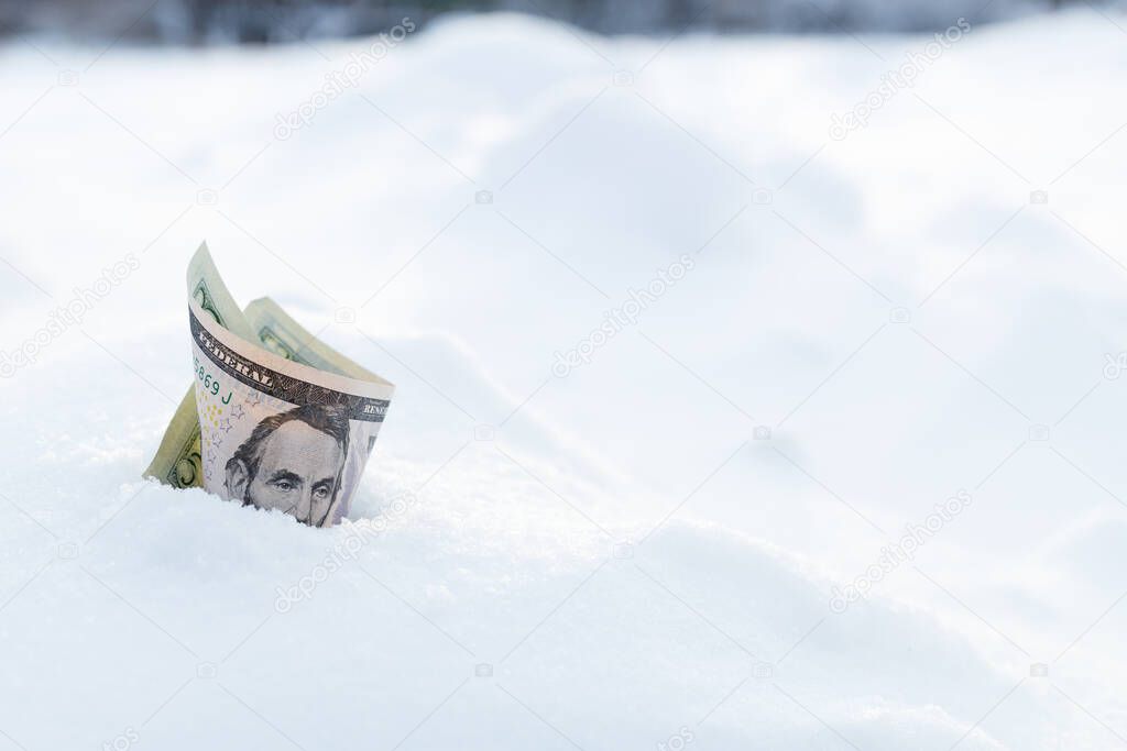 five dollars in a snowdrift, money sticking out of the snow. the money that flew away and froze