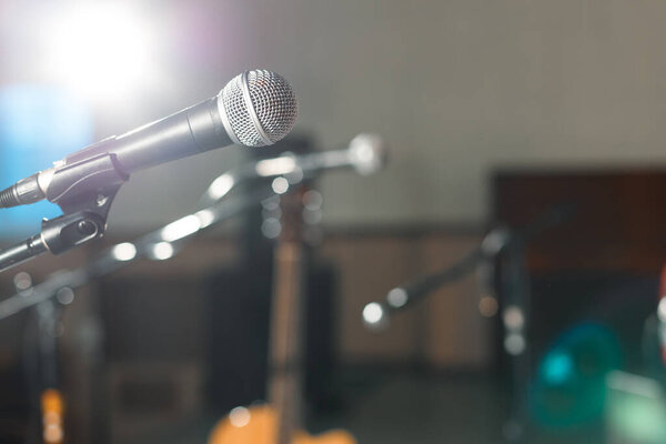 microphones on stage without musicians waiting for the performance and the beginning of the concert. concert soon