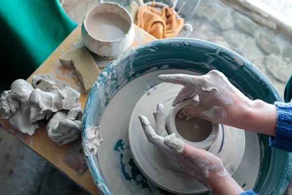 Potter Gently Touches Clay Creation Clay Products Potter Wheel Calming — Stock Photo, Image
