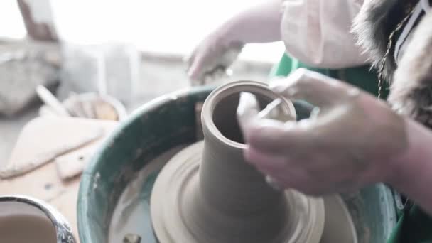 Woman Potter Works Potter Wheel Close Hands Rotating Clay Touching — Stock Video