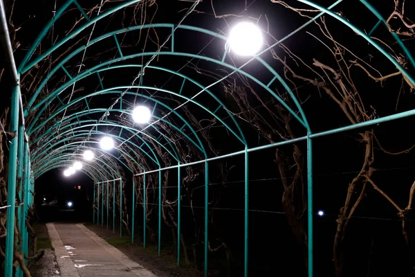 Beco Feito Estrutura Aço Com Luminárias Noite Nos Becos — Fotografia de Stock