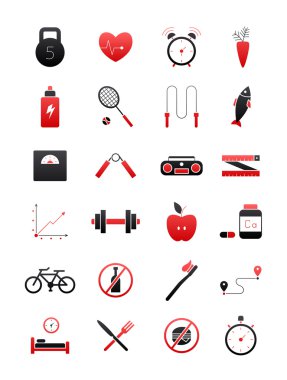 Siyah-kırmızı sağlıklı yaşam Icons set