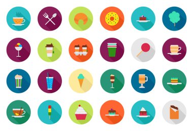Kafeterya gıda vektör yuvarlak simgeler kümesi