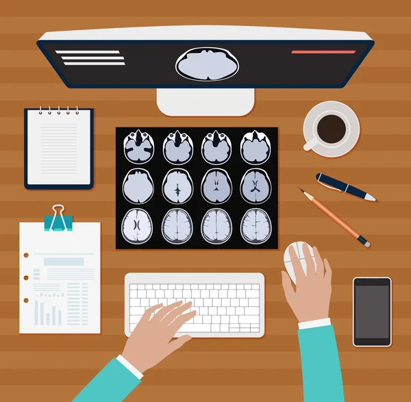 Doutor trabalha com raio-X do cérebro — Vetor de Stock