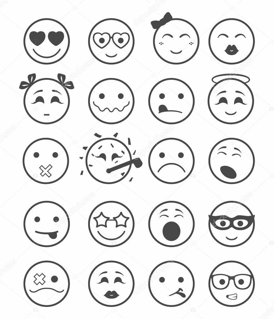 20 smiles icons set child black and white