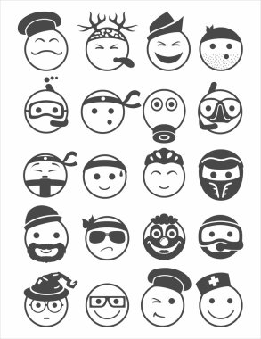 20 gülümsüyor Icons meslek siyah beyaz set