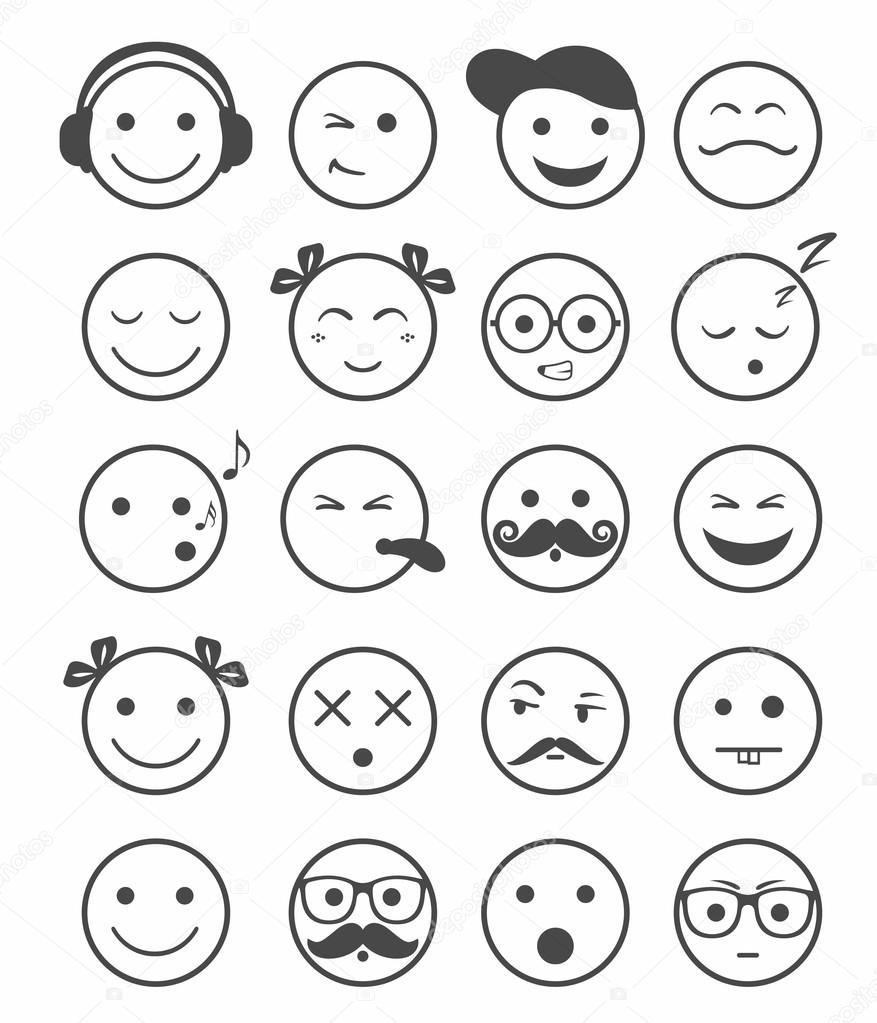 icons set 20 emotional and kids smiles black and white