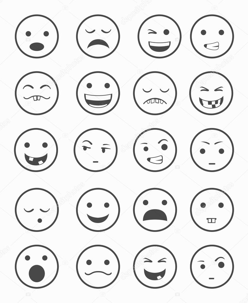 icons set 20 emotional smiles black and white