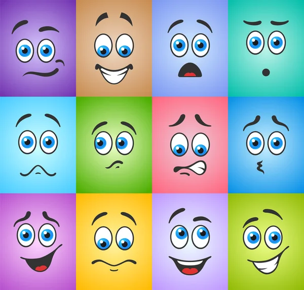 Blue eyes in different emotions on colored background — Stock Vector