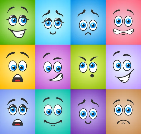 Diferentes emoções com olhos azuis em colorido —  Vetores de Stock