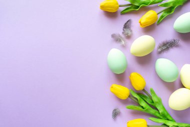 Paskalya düzlüğü. Lalelerle boyanmış yumurtalar ve eflatun arka planda tüyler, metin için boşluk.