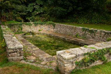 Bahçede su bulunan taş havzası, yazın bulutlu bir gün, (Brittany, Fransa)