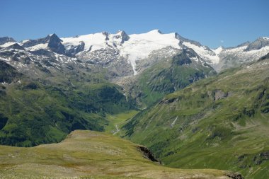 Grossvenediger, Osttirol Avusturya 'daki Matrei' de güneşli bir yaz gününde mavi gökyüzü manzaralı büyük bir buzul manzarası.