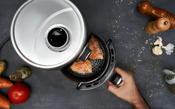 Unrecognizable Man Hand Cooking Skinless Chicken Breast Spices Air Fryer — Stock Photo, Image