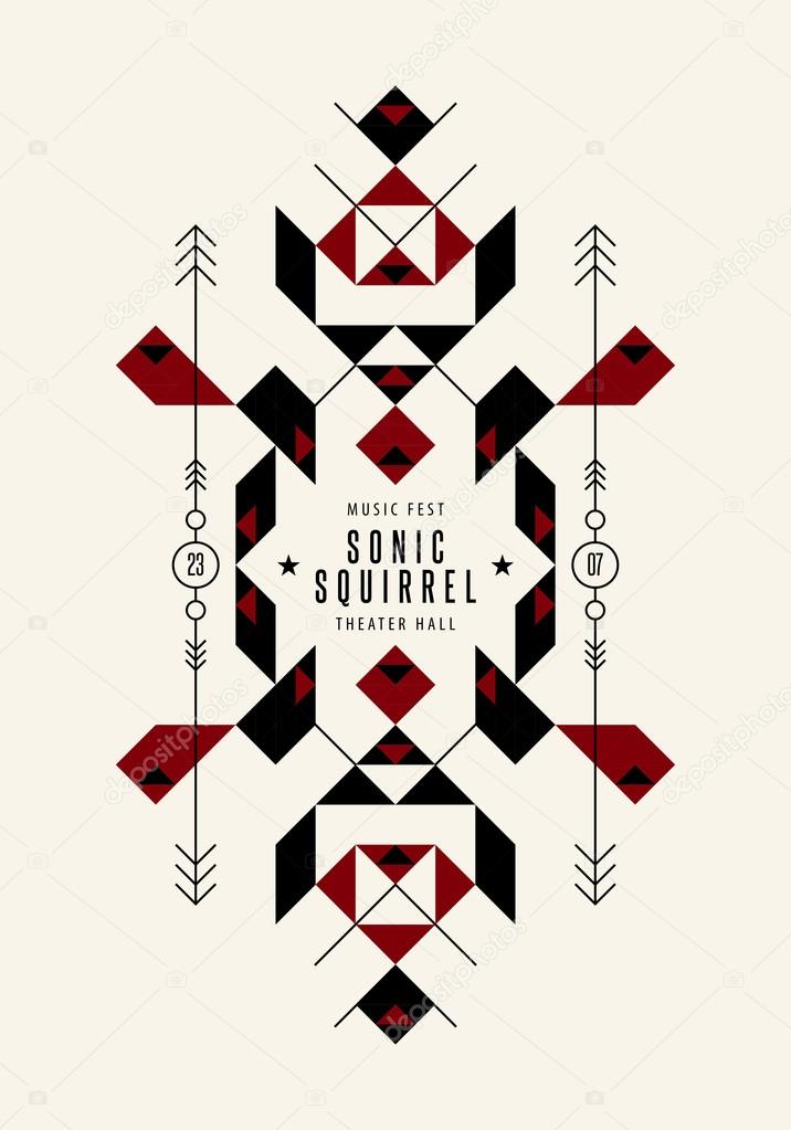Music poster template. Vector tribal, ethnic, aztec, indian art elements. Flyer, banner, card, cover, fashion, apparel graphic design.