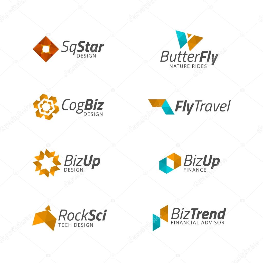Logo design templates. Vector Abstract geometric shapes, plane, butterfly, cog, star, rocket for icon, logotype design, technology, business, spa, nature, travel themes.