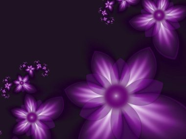 Koyu arkaplanda çiçekli fraktal görüntü. Mesajınızı eklemek için bir şablon. Çoklu renkli çiçekler. Arka plan olarak fraktal sanat.