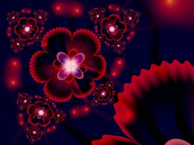Fantezi çiçekli fraktal görüntü. Metninizi eklemek için yer ile şablon. Kırmızı arkaplan olarak fraktal sanat.