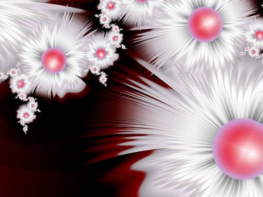 Koyu arkaplanda çiçekli fraktal görüntü. Mesajınızı eklemek için bir şablon. Çoklu renkli çiçekler. Arka plan olarak fraktal sanat.