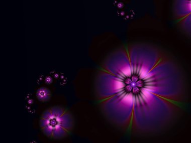 Koyu arkaplanda çiçekli fraktal görüntü. Mesajınızı eklemek için bir şablon. Çoklu renkli çiçekler. Arka plan olarak fraktal sanat.