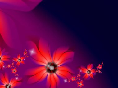 Fantezi çiçekli fraktal görüntü. Metninizi eklemek için yer ile şablon. Kırmızı arkaplan olarak fraktal sanat.