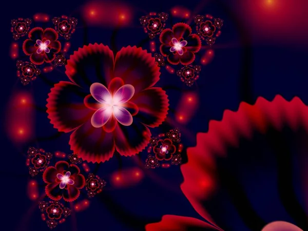 Fantezi çiçekli fraktal görüntü. Metninizi eklemek için yer ile şablon. Kırmızı arkaplan olarak fraktal sanat.