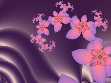 Çiçekli arka plan olarak mor fraktal çizim. Tasarım için yaratıcı bir unsur. Matematik algoritmasıyla elde edilen fraktal çiçek. Yaratıcı grafik tasarımı için dijital çizimler.