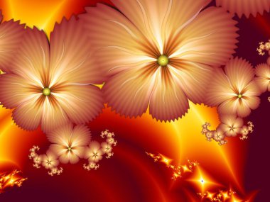 Fantezi çiçekli kırmızı fraktal görüntü. Metninizi eklemek için yer ile şablon. Kırmızı arkaplan olarak fraktal sanat.