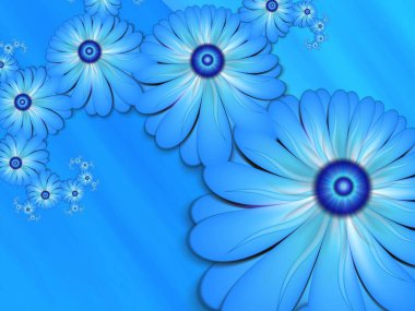 Çiçekli mavi fraktal çizim. Tasarım için yaratıcı öge. Metin için yeri olan orijinal dijital sanat eserleri