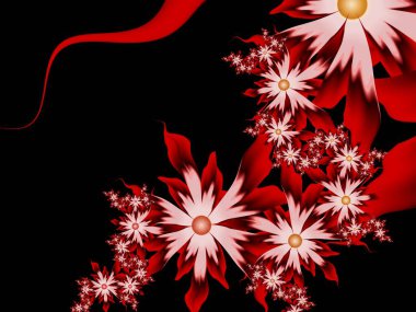 Koyu arkaplanda çiçekli fraktal görüntü. Mesajınızı eklemek için bir şablon. Çoklu renkli çiçekler. Arka plan olarak fraktal sanat.