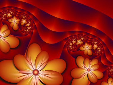 Çiçekli arka plan olarak turuncu fraktal görüntü. Tasarım için yaratıcı bir unsur. Matematik algoritmasıyla elde edilen fraktal çiçek. Yaratıcı grafik tasarımı için dijital çizimler.