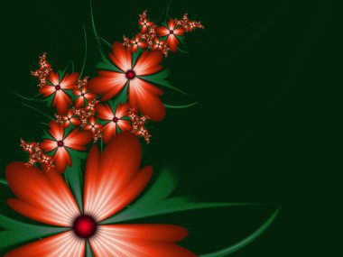 Koyu arkaplanda çiçekli fraktal görüntü. Mesajınızı eklemek için bir şablon. Çoklu renkli çiçekler. Arka plan olarak fraktal sanat.