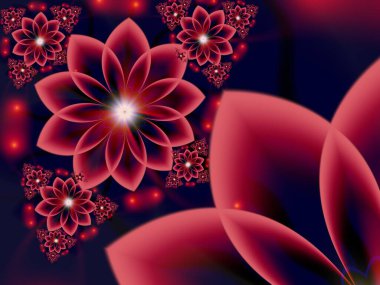 Fantezi çiçekli fraktal görüntü. Metninizi eklemek için yer ile şablon. Kırmızı arkaplan olarak fraktal sanat.