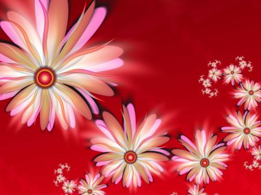 Fantezi çiçekli kırmızı fraktal görüntü. Metninizi eklemek için yer ile şablon. Kırmızı arkaplan olarak fraktal sanat.