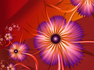 Çiçekli arka plan olarak turuncu fraktal görüntü. Tasarım için yaratıcı bir unsur. Matematik algoritmasıyla elde edilen fraktal çiçek. Yaratıcı grafik tasarımı için dijital çizimler.