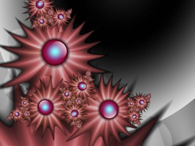 Fantezi çiçekli kırmızı fraktal görüntü. Metninizi eklemek için yer ile şablon. Kırmızı arkaplan olarak fraktal sanat.