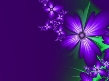 Çiçekli mavi ve mor fraktal çizim. Tasarım için yaratıcı bir unsur. Matematik algoritmasıyla elde edilen fraktal çiçek. Yaratıcı grafik tasarımı için dijital çizimler.