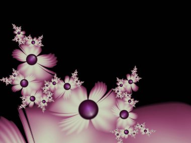 Koyu arkaplanda çiçekli fraktal görüntü. Mesajınızı eklemek için bir şablon. Çoklu renkli çiçekler. Arka plan olarak fraktal sanat.