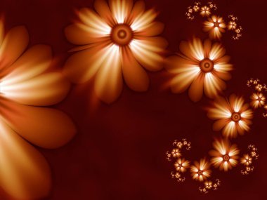 Çiçekli arka plan olarak turuncu fraktal görüntü. Tasarım için yaratıcı bir unsur. Matematik algoritmasıyla elde edilen fraktal çiçek. Yaratıcı grafik tasarımı için dijital çizimler.