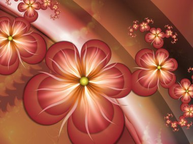 Çiçekli arka plan olarak turuncu fraktal görüntü. Tasarım için yaratıcı bir unsur. Matematik algoritmasıyla elde edilen fraktal çiçek. Yaratıcı grafik tasarımı için dijital çizimler.