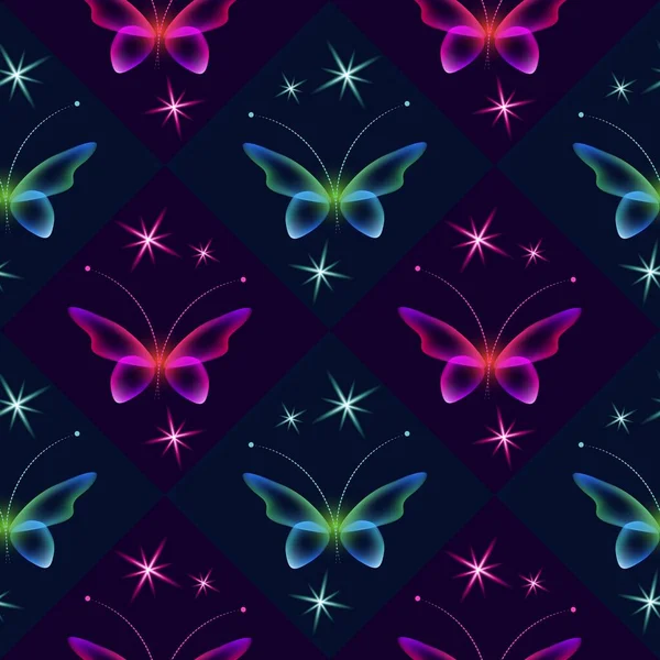 Glowing Background Magic Butterflies Neon Butterflies Glowing Blooms Seamless Pattern — Stock Photo, Image