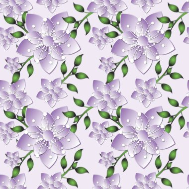 Kesik kağıttan yapılmış plastik çiçeklerle desensiz moda. Çiçek açan ağaç tarzında bir çiçek. Japon sakurası. Grafik tasarımı. 3B illüstrasyon.