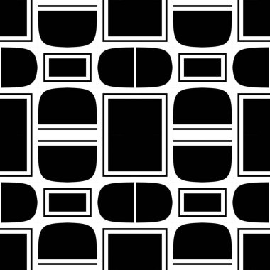 Kusursuz bir geçmişi var. Siyah ve beyaz renkli soyut şekilli modern stil dokusu. Basit düzenli grafik dizaynı. Tekrarlayan geometrik desen.